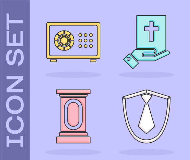 设置领带，安全，舞台站或辩论讲台讲台和誓言上的圣经图标。向量图片下载