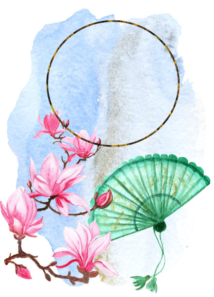 水彩插图旗帜。东方文化。樱花，樱花盛开的树矢量背景插图。美丽的花旗帜。图片下载