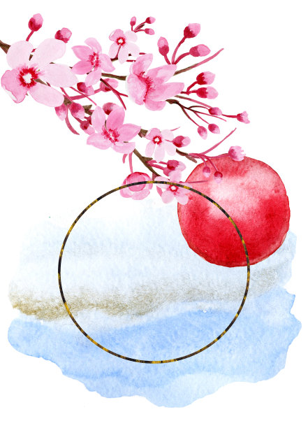 水彩插图旗帜。东方文化。樱花，樱花盛开的树矢量背景插图。美丽的花旗帜。图片下载