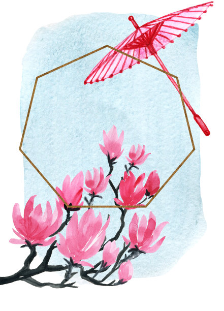 水彩插图旗帜。东方文化。樱花，樱花盛开的树矢量背景插图。美丽的花旗帜。图片下载