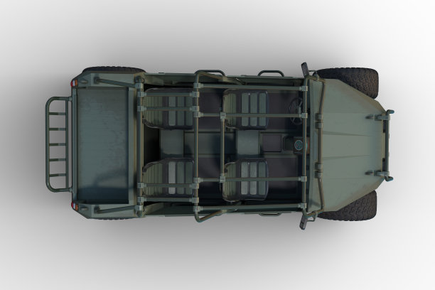 3D渲染的绿色军事全地形车辆从上面孤立的白色背景上观看。图片下载