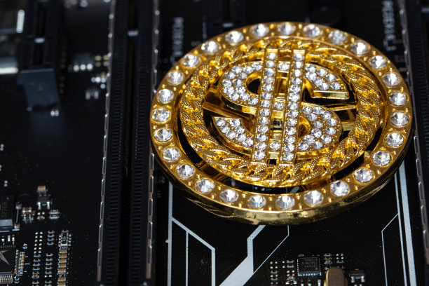 黄金美元符号与宝石在主板背景图片下载