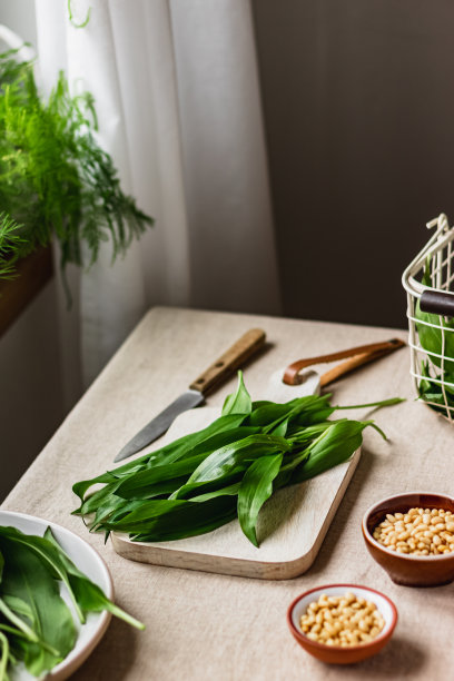 新鲜采摘的野生大蒜，ramson放在白色木制的桌子上，亚麻桌布。春天的草药。素食helthy厨房。干净的吃。季节性的食物。图片下载