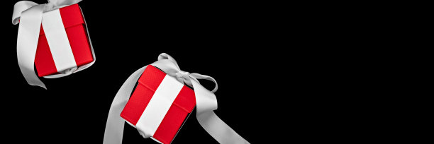 带有白色蝴蝶结的红色礼品盒漂浮在黑色背景上。旗帜,模板。图片下载