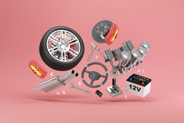 粉色工作室背景上的汽车部件浮动组图片下载