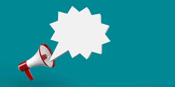 扩音器宣布白色愤怒的言论气泡蓝色背景，复制空间。图片下载