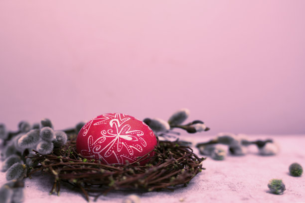 粉红色的背景与复活节蛋在巢图片下载
