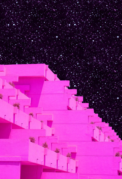 当代最小拼贴艺术。混合照片和纹理插图。超现实的极简主义建筑，宇宙空间中的粉色酒店图片下载