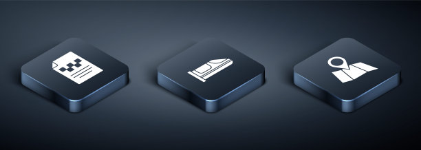 设置等距出租车驾照，折叠地图与位置和高速列车图标。向量图片下载