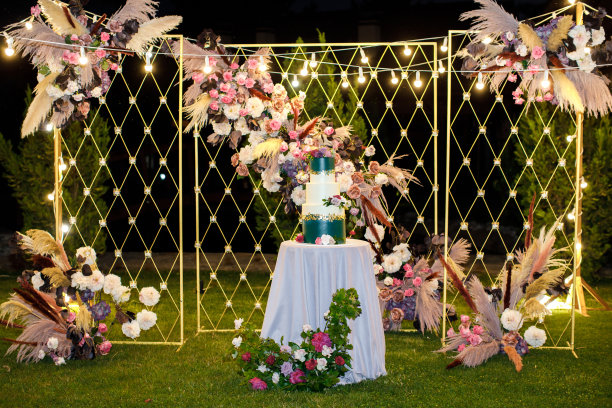 新娘和新郎在晚上的婚礼蛋糕图片下载