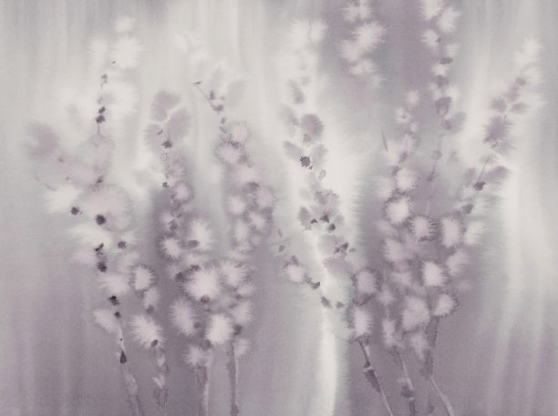 小猫柳枝在棕色水彩背景图片下载