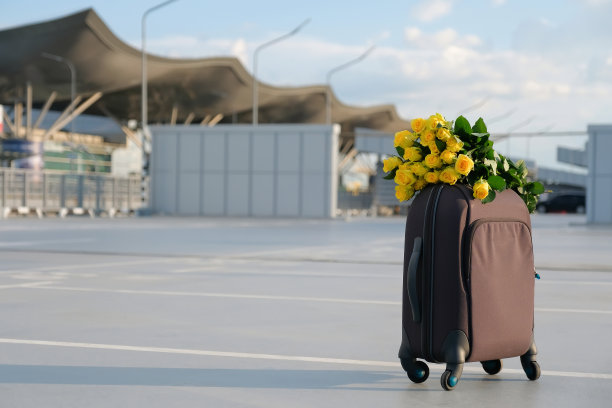 假期的概念。旅行箱和一束花在一个阳光明媚的日子里放在停车场图片下载