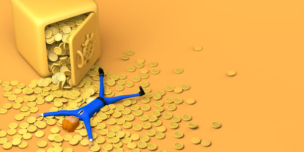 商人游过保险箱旁的硬币。副本的空间。3 d演示。卡通。图片下载