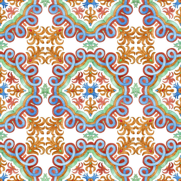 无缝水彩画马赛克瓷砖图案，手绘几何和花卉装饰，采用地中海majolica陶瓷绘画风格。壁纸décor，白色背景上的蜡染印花图片下载