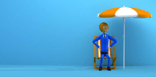 商人拿着伞坐在沙滩椅上。假期。副本的空间。3 d演示。卡通。图片下载