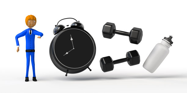 商人用手表、砝码和水瓶看时间。运动时间。副本的空间。3 d演示。卡通。图片下载