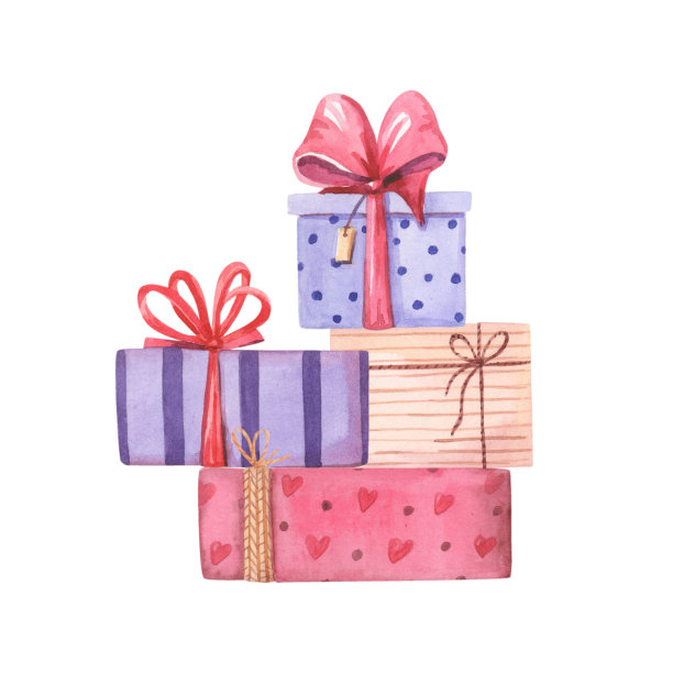 带爱心的水彩礼盒。粉红色,紫色的礼物。情人节的水彩画。卡图片下载