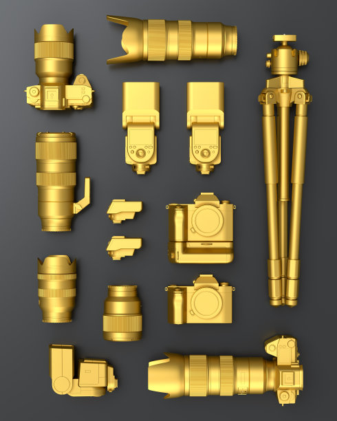 设计师工作空间和摄影装备在黑色桌子背景的俯视图图片下载