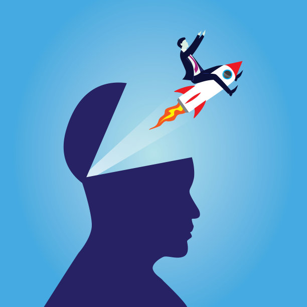 创意思维概念,商人与火箭在飞出大男人的头,创新业务图片下载