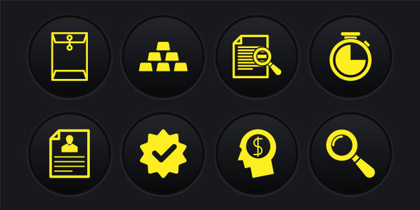 设置简历，秒表，批准和检查标记，商人计划头脑，文件搜索和金条图标。向量图片下载