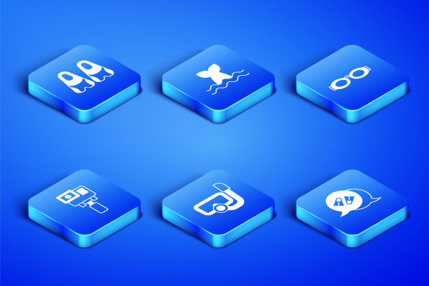 设置鳍状肢用于游泳，潜水面罩与通气管，行动极端相机，鲸鱼尾巴和眼镜图标。向量图片下载