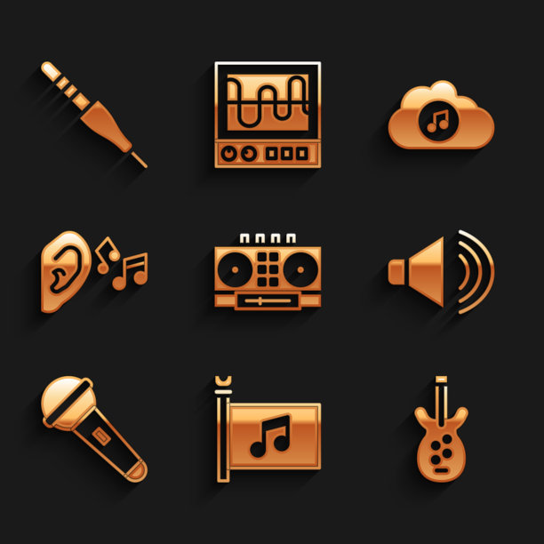 设置DJ遥控和混音音乐，音乐节旗帜，电低音吉他，扬声器音量，麦克风，耳朵听声音信号，流媒体服务和音频插孔图标。向量图片下载