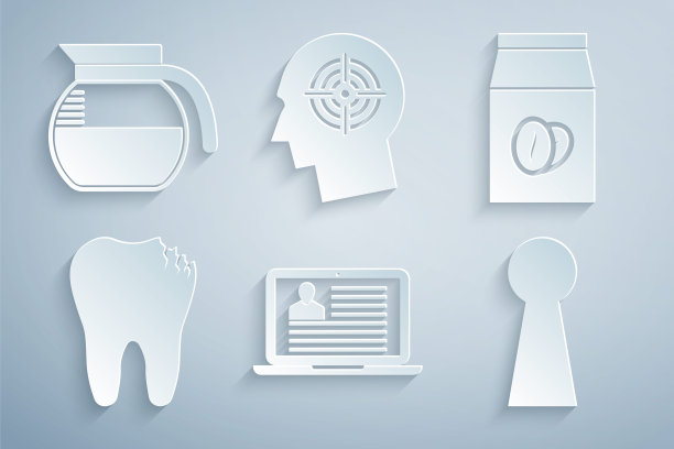 设置笔记本电脑与简历，咖啡豆在袋，破碎的牙齿，钥匙孔，头部狩猎概念和壶图标。向量图片下载