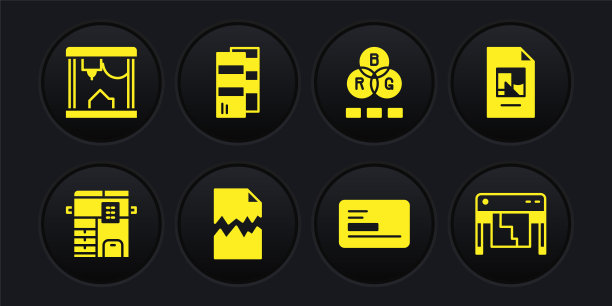 设置复印机，文件文件，撕裂，名片，RGB调色，潘通，绘图仪和3D打印机图标。向量图片下载