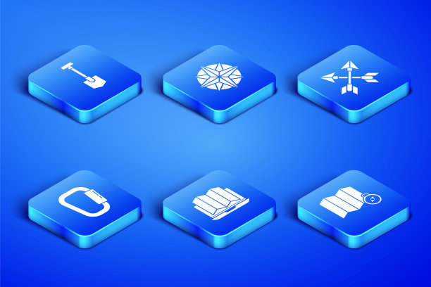 在地图上设置森林的位置，铲子，笔记本电脑，钩扣，风玫瑰和交叉箭头图标。向量图片下载