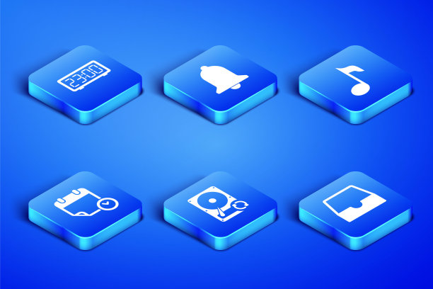 设置社交媒体收件箱、数字闹钟、硬盘驱动器HDD同步刷新、日历和、铃声和音乐提示、声音图标。向量图片下载