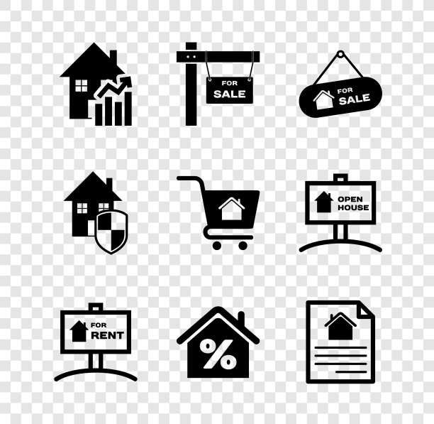 设置房屋价格上涨，悬挂出售，出租，房屋百分比，合同，保护和购物车房屋图标。向量图片下载