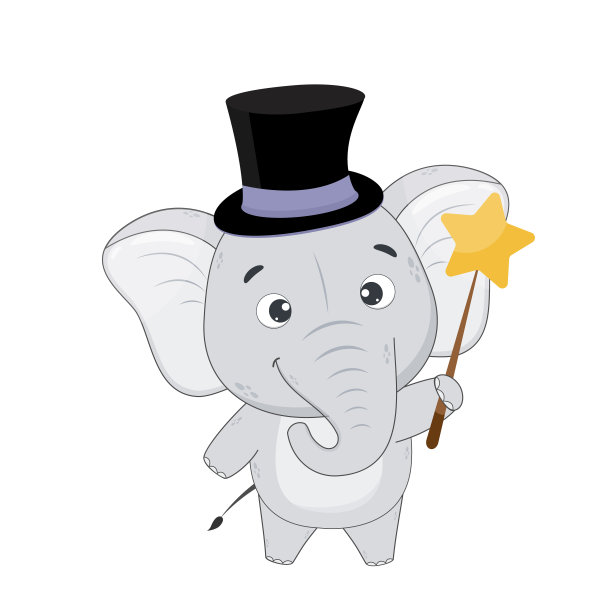 可爱的卡通小象带着魔术棒。白色背景上的大象。矢量图图片下载