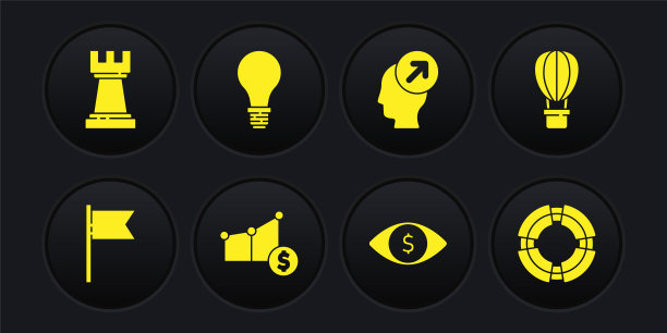 设置定位标记，热气球，饼图和美元，眼睛，头部狩猎概念，想法的灯泡，商业救生圈和象棋图标。向量图片下载