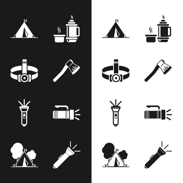 设置木制斧头，头手电筒，旅游帐篷与旗帜，热水瓶容器，手电筒，和图标。向量图片下载