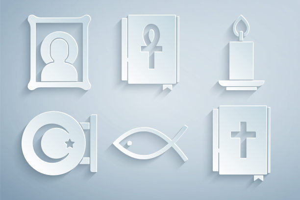 设置基督教鱼，燃烧的蜡烛，星新月，圣经书，十字章和图标图标。向量图片下载