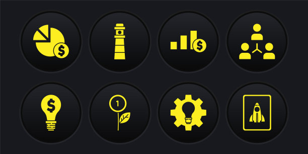 设置灯泡与美元，项目团队基地，美元工厂，和齿轮，饼图，灯塔，启动项目概念和图标。向量图片下载