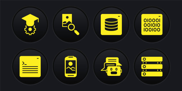 设置Web开发者编程代码、二进制代码、手机、聊天机器人、服务器、数据、照片修饰和毕业帽图标。向量图片下载