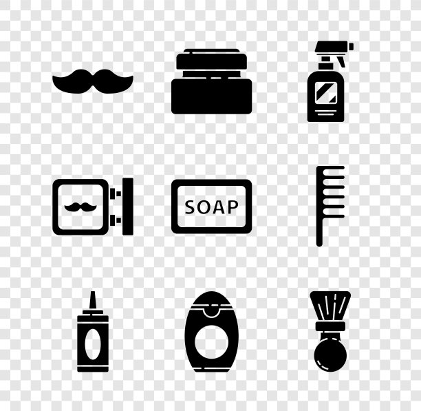 设置胡子，奶油或乳液化妆品管，发型师手枪喷雾瓶，洗发精瓶，剃须刷，理发店和肥皂泡沫图标。向量图片下载