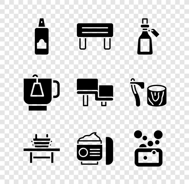 设置发胶喷雾罐，桑拿木凳，精油瓶，带桶，乳霜，化妆品管，肥皂条，杯茶茶包和图标。向量图片下载