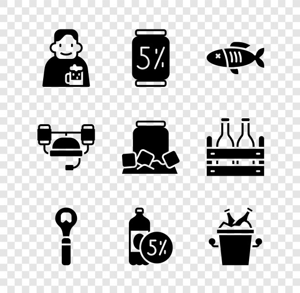 设置快乐的人与啤酒，啤酒罐，干鱼，开瓶器，瓶子，瓶子在冰桶，头盔和寒冷的图标。向量图片下载