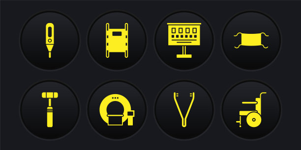 配备神经反射锤、医用防护口罩、体层摄影仪、镊子、视力测试图、担架、残疾人轮椅、数字温度计图标。向量图片下载