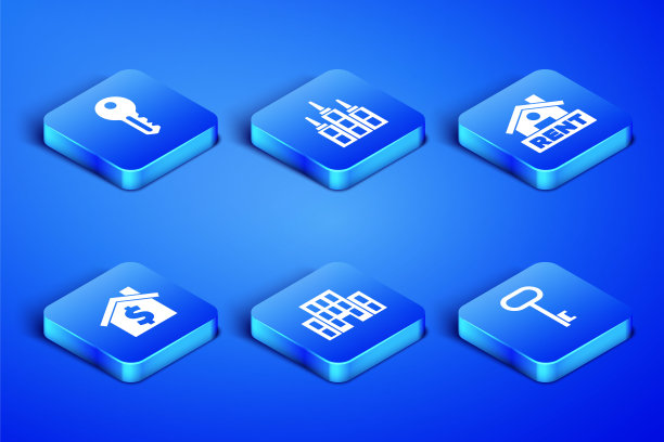 设置房子钥匙，美元符号，摩天大楼和悬挂标志租金图标。向量图片下载