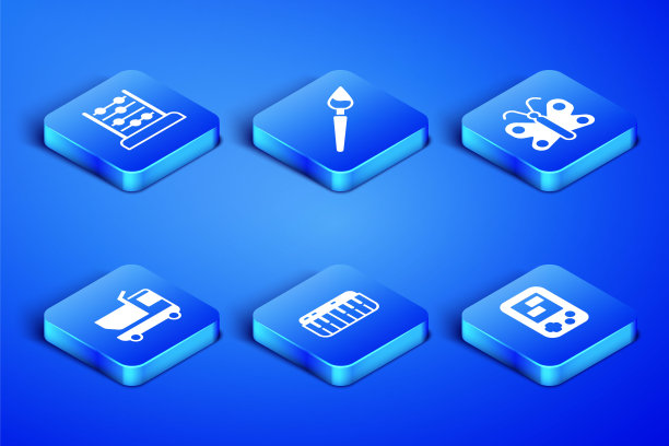 设置俄罗斯方块电子游戏，算盘，音乐合成器，玩具卡车，油漆刷和蝴蝶图标。向量图片下载