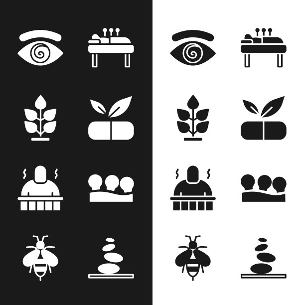 Set Medical pill with plant, plant, Hypnosis, Acupuncture therapy，桑拿和水疗程序，Vacuum cans, Stack hot stones and Bee icon。向量图片下载