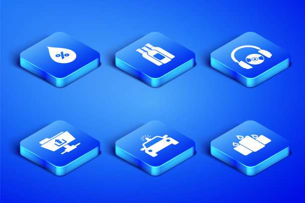 设置燃烧的蜡烛，水滴百分比，警车闪光灯，FTP文件夹上传，葡萄酒和耳机CD或DVD图标。向量图片下载