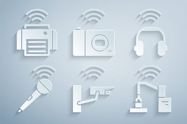 设置智能安防摄像头，耳机，无线麦克风，机器人机器人手臂手工厂，照片和打印机图标。向量图片下载