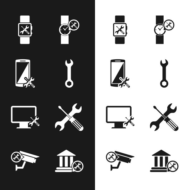 设置扳手、智能手机服务、智能手表、手腕、电脑显示器、十字螺丝刀和扳手、银行大楼和安全摄像头图标。向量图片下载