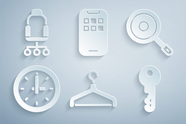 设置衣架衣柜，煎锅，时钟，房子钥匙，移动应用程序和办公椅图标。向量图片下载