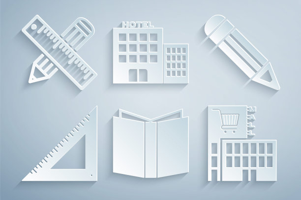 设置打开的书，铅笔，三角尺，商场或超市建筑，酒店和交叉和铅笔图标。向量图片下载