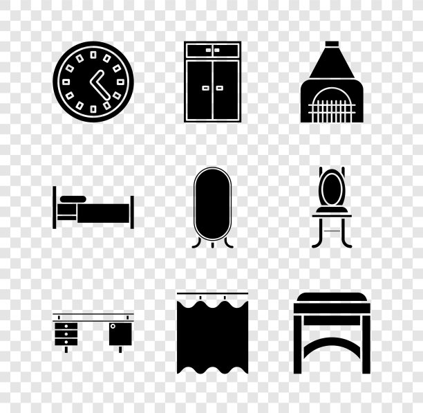 设置时钟，衣柜，室内壁炉，办公桌子，窗帘，椅子，床和大全长镜子图标。向量图片下载